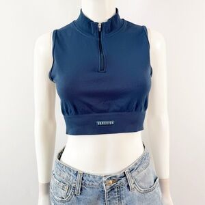 Vanquish Navy Blue Cropped 1/4 Zip Tank Top Size L Mock Neck Fitness Work Out